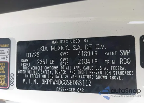 2025 Kia K4 Gt-Line Turbo from USA, damaged, VIN 3KPFW4DC8SE083112